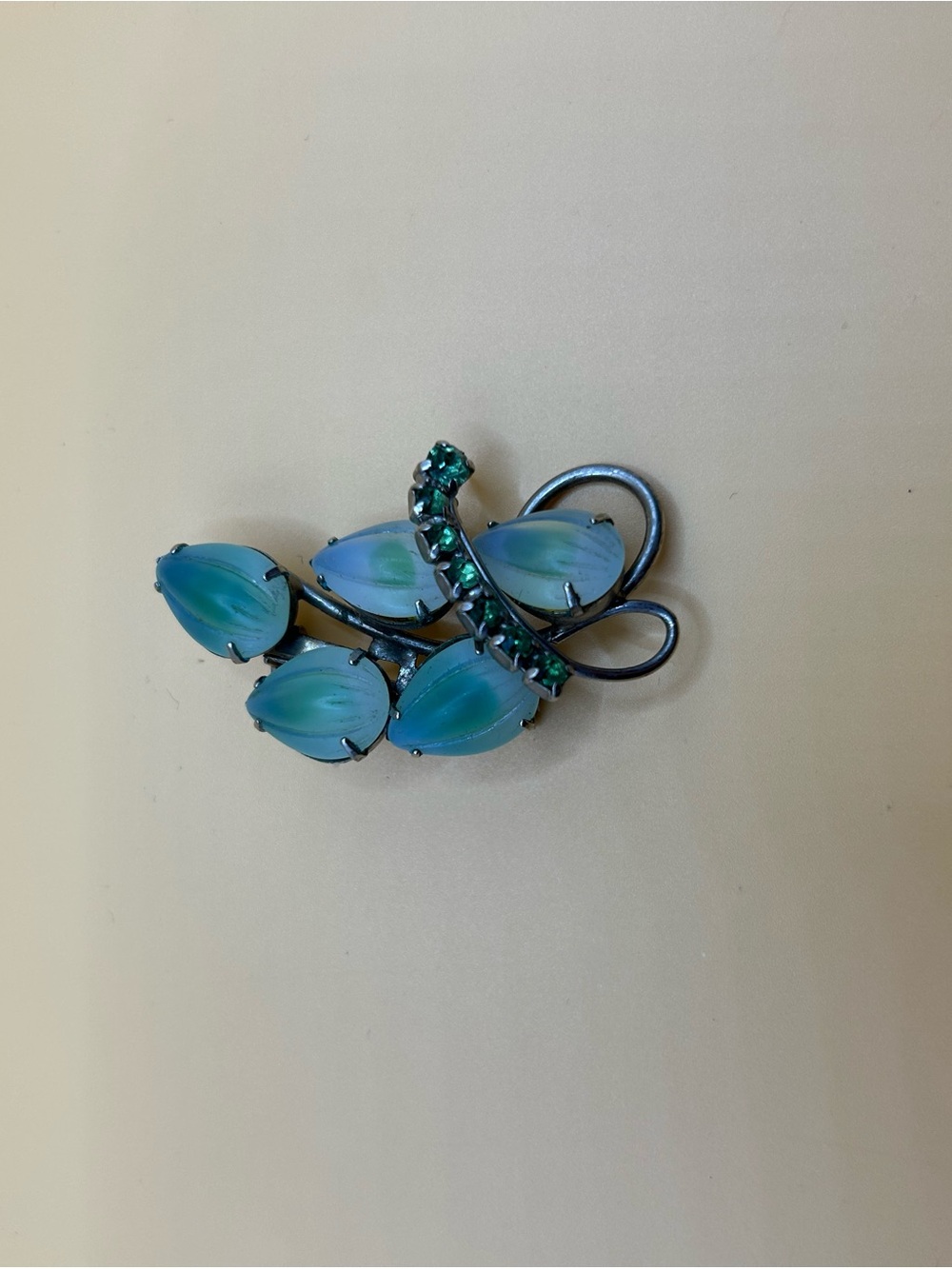 Green Opalescent Leaf Brooch with Green Accents